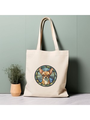 Ninastore Chihuahua Köpek Tote Çantası, Vitray Tasarım, %100 Pamuklu Çevre Dostu Alışveriş Çantası, Ömürlük Çanta