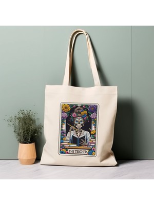 Ninastore Tarot Kartı Tote Çantası, Öğretmen, Iskelet, Kitaplar, Çiçekler, %100 Pamuklu Tote Çanta. Çevre Dostu, Estetik Alışveriş Çantası, Ömür Boyu Kullanabileceğiniz Çanta.
