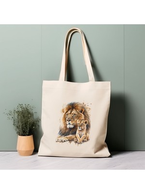 Ninastore %100 Pamuklu Tote Çanta, Suluboya Aslan. Çevre Dostu, Estetik Alışveriş Çantası, Ömürlük Çanta.