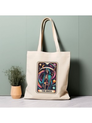 Ninastore Tarot Kartı Tote Çantası, Ölüm, Iskelet, Uzay, %100 Pamuklu Tote Çanta. Çevre Dostu, Estetik Alışveriş Çantası, Ömür Boyu Kullanabileceğiniz Çanta.