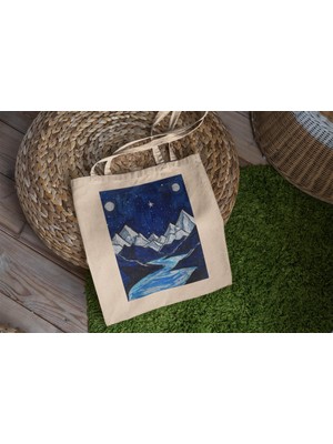 Ninastore Everest Dağı Geceyarısı Tote Çantası - Şirin Tote Çantalar, Tote Çanta, Estetik Tote Çanta, Kitap Çantası, Kanvas Çanta, Dağ Tote Çantası