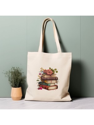 Ninastore %100 Pamuklu Tote Çanta, Kitapsever, Kitap Yığını. Çevre Dostu Alışveriş Çantası, Ömür Boyu Kullanabileceğiniz Çanta.