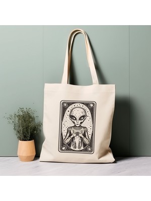 Ninastore %100 Pamuklu Tote Çanta, Tarot Kartı Uzaylısı. Çevre Dostu, Estetik Alışveriş Çantası, Ömür Boyu Kullanabileceğiniz Çanta.