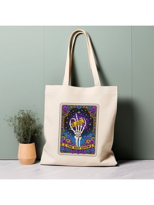 Ninastore Tarot Kartı Tote Çantası, The Shit Show, Iskelet, Çiçekler, %100 Pamuklu Tote Çanta. Çevre Dostu, Estetik Alışveriş Çantası, Ömür Boyu Kullanabileceğiniz Çanta.