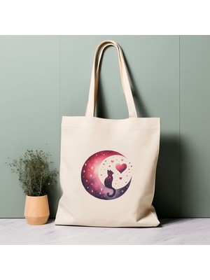 Ninastore Kedi ve Ay Tote Çanta, Rüya Gibi Yıldızlı Kedi, %100 Pamuklu Çevre Dostu Alışveriş Çantası, Ömür Boyu Kullanabileceğiniz Çanta