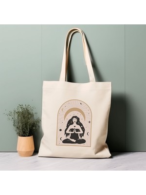 Ninastore %100 Pamuklu Tote Çanta, Meditasyon Yapan Kız. Hippi, Çevre Dostu, Estetik Alışveriş Çantası, Ömür Boyu Kullanabileceğiniz Çanta