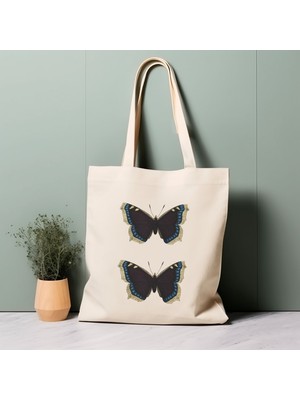 Ninastore %100 Pamuklu Tote Çanta, Iki Siyah Kelebek. Çevre Dostu, Estetik Alışveriş Çantası, Ömürlük Çanta.