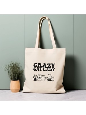 Ninastore Crazy Cat Lady Tote Çanta, %100 Pamuklu Çevre Dostu Alışveriş Çantası, Ömürlük Çanta