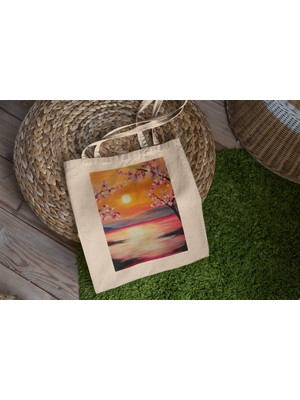 Ninastore Gün Batımında Kiraz Çiçekleri - Şirin Tote Çantalar, Hediye Tote Çanta, En Iyi Tote Çanta, Kitap Çantası, Kanvas Çanta, Tote Çanta, Alışveriş Çantası, Japon Tote Çantası