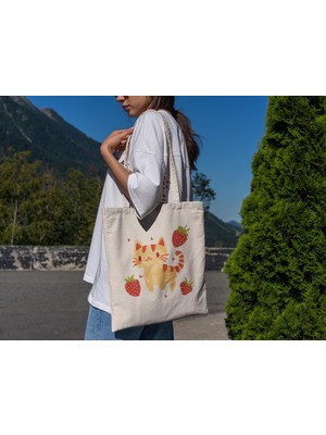 Ninastore Çilek Kedi Tote Çantası - Sevimli Tote Çantalar, Tote Çanta, Estetik Tote Çanta, Kitap Çantası, Tote Çantalar, Bakkal Çantaları,