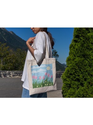 Ninastore Pembe Lale Tote Çanta - Şirin Tote Çanta, Estetik Tote Çanta, Kanvas Çanta, Estetik Tote Çanta, Kitap Çantası, Alışveriş Çantası