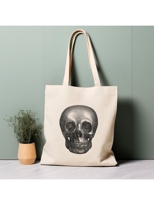 Ninastore %100 Pamuklu Tote Çanta, Vintage Kafatası Illüstrasyonu. Çevre Dostu, Estetik Alışveriş Çantası, Ömür Boyu Kullanabileceğiniz Çanta.