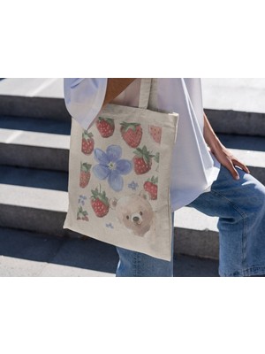 Ninastore Coquette Çiçek Ayıcıklı Tote Çanta - Sevimli Tote Çantalar, Sevimli Kitap Çantası, Estetik Tote Çantalar, Sevimli Alışveriş Çantası, Tote Çantalar, Coquette Tote Çantalar