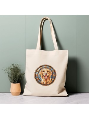 Ninastore Golden Retriever Köpek Tote Çantası, Vitray Tasarım, %100 Pamuklu Çevre Dostu Alışveriş Çantası, Ömürlük Çanta