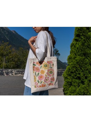 Ninastore 60'lar Renkli Retro Çiçekli Tote Çanta - Çiçekli Tote Çanta, Şirin Tote Çantalar, Yeniden Kullanılabilir Alışveriş Çantası, Kanvas Tote Çanta, Kitap Çantası, Çiçekli Tote Çanta