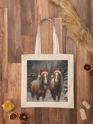 Ninastore Noel Baba'nın Atları Tote Çantası - Şenlikli Tote Çanta, Estetik Tote Çanta, Tatil Tote Çantası