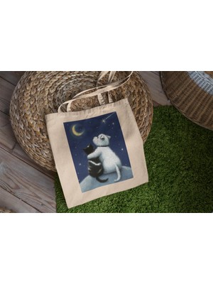 Ninastore Kedi ve Köpek Yıldızlı Gece Tote Çantası - Sevimli Tote Çanta, Estetik Tote Çanta, Kanvas Çanta, Estetik Tote Çanta, Tote Çanta, Kitap Çantası, Alışveriş Çantası