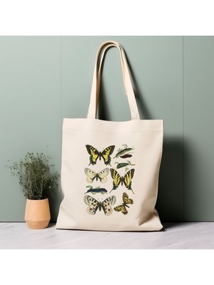 Ninastore %100 Pamuklu Tote Çanta, Vintage Kelebekler. Çevre Dostu, Estetik Alışveriş Çantası, Ömürlük Çanta.