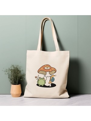 Ninastore %100 Pamuklu Tote Çanta, Cottage Core Mantar ve Kurbağa, Çevre Dostu Estetik Alışveriş Çantası, Ömür Boyu Çanta