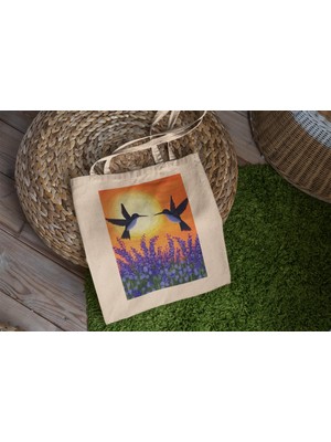 Ninastore Mor Çiçekli Sinek Kuşu Tote Çantası - Sevimli Tote Çanta, Çiçekli Tote Çanta, Kanvas Tote Çanta, Kanvas Çanta, Estetik Tote Çanta, Estetik Tote Çanta