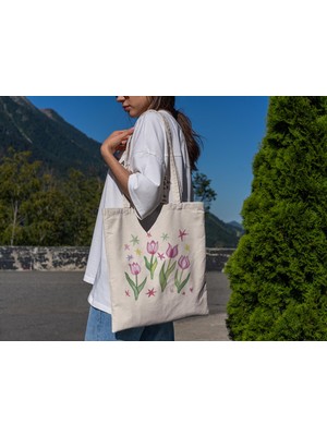 Ninastore Yıldız Lale Çiçekli Tote Çanta - Çiçekli Çanta, Şirin Tote Çantalar, Estetik Tote Çantalar, Tote Çantalar, Kanvas Çanta, Kitap Çantası