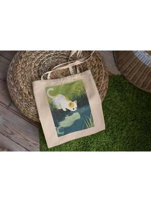 Ninastore Su Kedisi Tote Çantası - Sevimli Tote Çanta, Estetik Tote Çanta, Hediye Tote Çanta, Kanvas Çanta, Kitap Çantası, Tote Çanta, Alışveriş Çantası, Kedi Tote Çantası