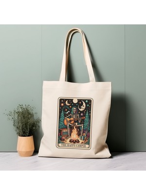 Ninastore Tarot Kartı Tote Çanta, Mutlu Kampçı, Iskelet, Uzay, %100 Pamuklu Tote Çanta. Çevre Dostu, Estetik Alışveriş Çantası, Ömür Boyu Kullanabileceğiniz Çanta.