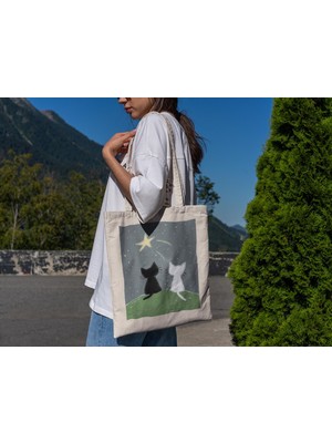 Ninastore Yıldızları Izleyen Kediler - Sevimli Tote Çanta, Estetik Tote Çanta, Kitap Çantası, Sevimli Tote Çantalar, Hediye Tote Çanta, Estetik Tote Çanta, Alışveriş Çantası