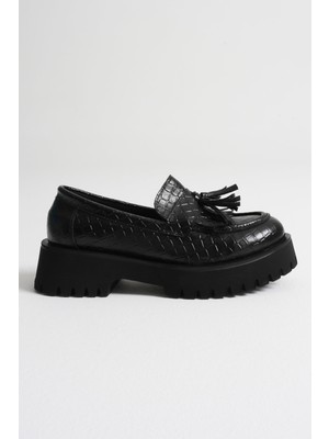 Fantastik Store Mina Kadın Günlük Siyah Kroko Baskılı Loafer Ayakkabı