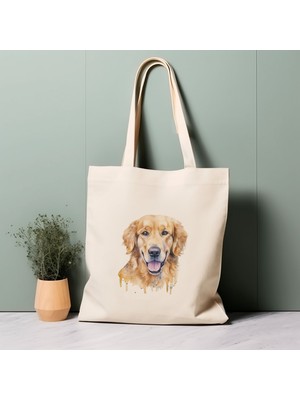 Ninastore Golden Retriever Köpek Tote Çantası, Suluboya Köpek, %100 Pamuklu Çevre Dostu Alışveriş Çantası, Ömürlük Çanta
