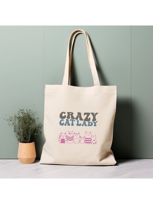 Ninastore Crazy Cat Lady Tote Çanta, Renkli, %100 Pamuklu, Çevre Dostu Alışveriş Çantası, Ömürlük Çanta