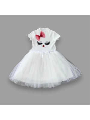 Venüs Shopping 5-6-7 Yaş Payetli Süslü Yüz Baskılı Kız Çocuk Elbisesi Beyaz