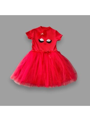 Venüs Shopping 5-6-7 Yaş Payetli Süslü Yüz Baskılı Kız Çocuk Elbisesi Kırmızı