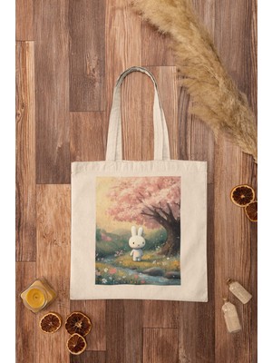 Ninastore Beyaz Tavşan Kiraz Çiçeği Tote Çanta - Kanvas Tote Çanta, Tavşan Tote Çanta, Tote Çanta, En Iyi Tote Çanta, Kitap Çantası, Alışveriş Çantası