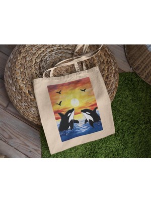 Ninastore Orca's In The Sunset Sky Tote Bag - Şirin Tote Çanta, Tote Çanta, Estetik Tote Çanta, Hediye Tote Çanta, Estetik Tote Çanta, Kitap Çantası, Alışveriş Çantası