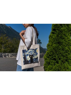 Ninastore Siyah Kitty Van Gogh Tote Çanta - Sevimli Tote Çanta Koleksiyonu, Sevimli Kedi Tote Çanta, Sevimli Kedi Tote Çanta, Sevimli Kitap Çantaları, Dreamcore, Cottagecore