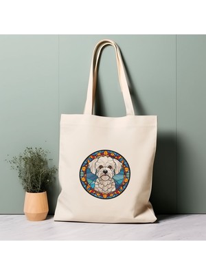 Ninastore Bichon Frise Köpek Tote Çantası, Vitray Tasarım, %100 Pamuklu Çevre Dostu Alışveriş Çantası, Ömürlük Çanta