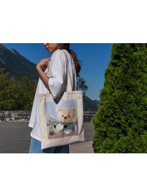 Ninastore Çay Saati Ayı Tote Çantası - Sevimli Tote Çantalar, Kütüphane Çantası, Sevimli Alışveriş Çantaları, Sevimli Kitap Çantaları