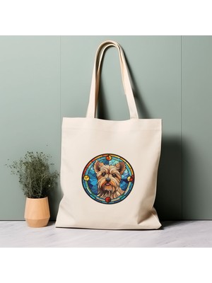 Ninastore Yorkshire Terrier Köpek Tote Çantası, Vitray Tasarım, %100 Pamuklu Çevre Dostu Alışveriş Çantası, Ömürlük Çanta