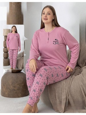 Lindros Kadın Pamuk'lu Düğme Yaka Raporlu Interlok Kışlık Battal Pijama Takımı 0255 - 1 Adet