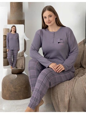 Lindros Kadın Pamuk'lu Düğme Yaka Raporlu Interlok Kışlık Battal Pijama Takımı 0267 - 1 Adet