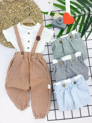 Venüs Shopping 9-12-18-24 Ay Pamuk Keten Cepli Çizgili 2li Erkek Bebek Salopet Takımı Hardal