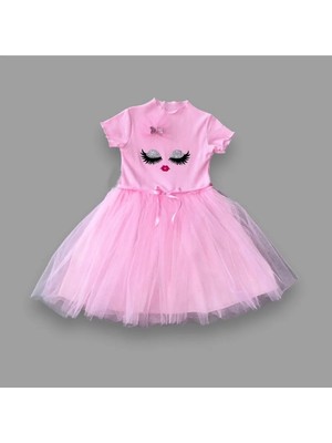 Venüs Shopping 5-6-7 Yaş Payetli Süslü Yüz Baskılı Kız Çocuk Elbisesi Pembe