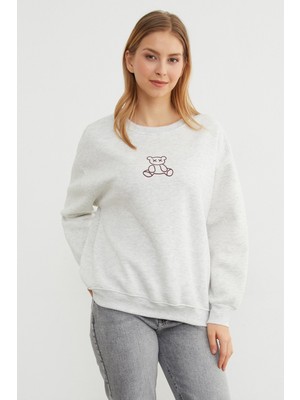 FullaModa 3 Iplik Ayıcık Baskılı Bisiklet Yaka Sweatshirt