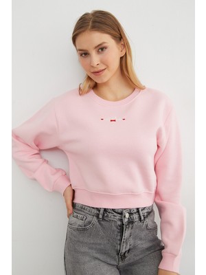 FullaModa 3 Iplik Ayıcık Nakışlı Crop Sweatshirt