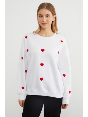 FullaModa 3 Iplik Kalp Nakışlı Oversize Sweatshirt