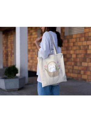 Ninastore Kitty Basket Tote Çanta - Şirin Tote Çantalar, Tote Çanta, Kanvas Çanta, Kitap Çantası, Kitty Kitap Çantası, En Iyi Tote Çanta, Estetik Tote Çanta