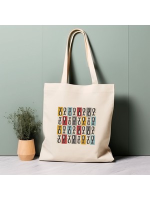 Ninastore Retro Kedi Illüstrasyonlu Tote Çanta, Orta Yüzyıl Modern, %100 Pamuklu, Çevre Dostu Alışveriş Çantası, Ömürlük Çanta