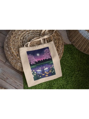 Ninastore Swan Kiraz Çiçeği Tote Çanta - Şirin Tote Çanta, Estetik Tote Çanta, Kanvas Çanta, Estetik Tote Çanta, Swan Tote Çanta, Kiraz Çiçeği Tote Çanta