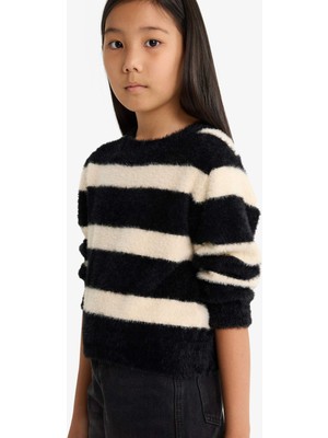 DeFacto Kız Çocuk Bisiklet Yaka Çizgili Triko Kazak D1196A825WN